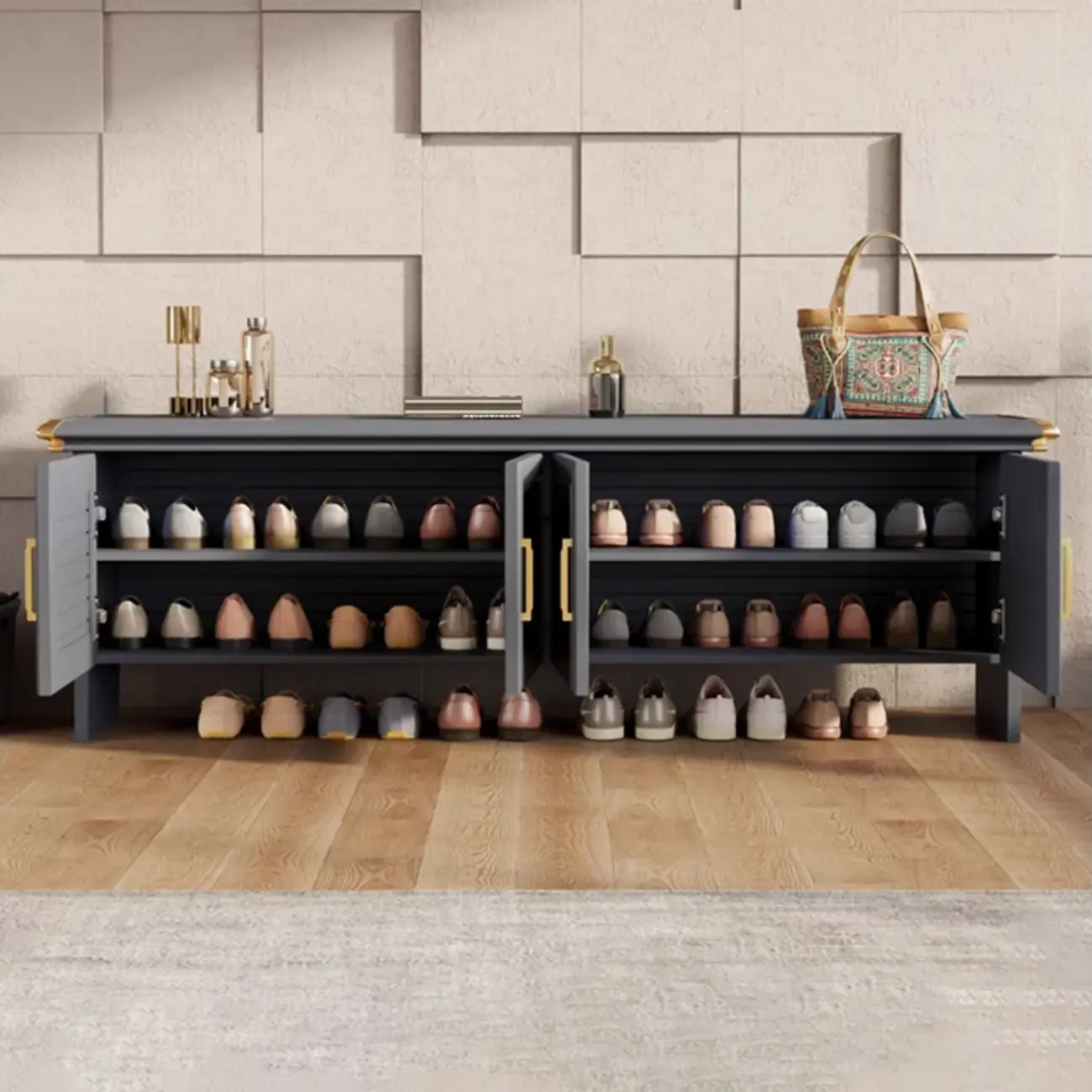 Rustic Grey Metal Shoe Storage Bench for Entryway Image - 2