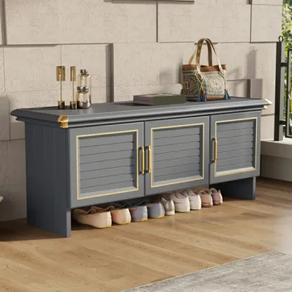 Rustic Grey Metal Shoe Storage Bench for Entryway Image - 4