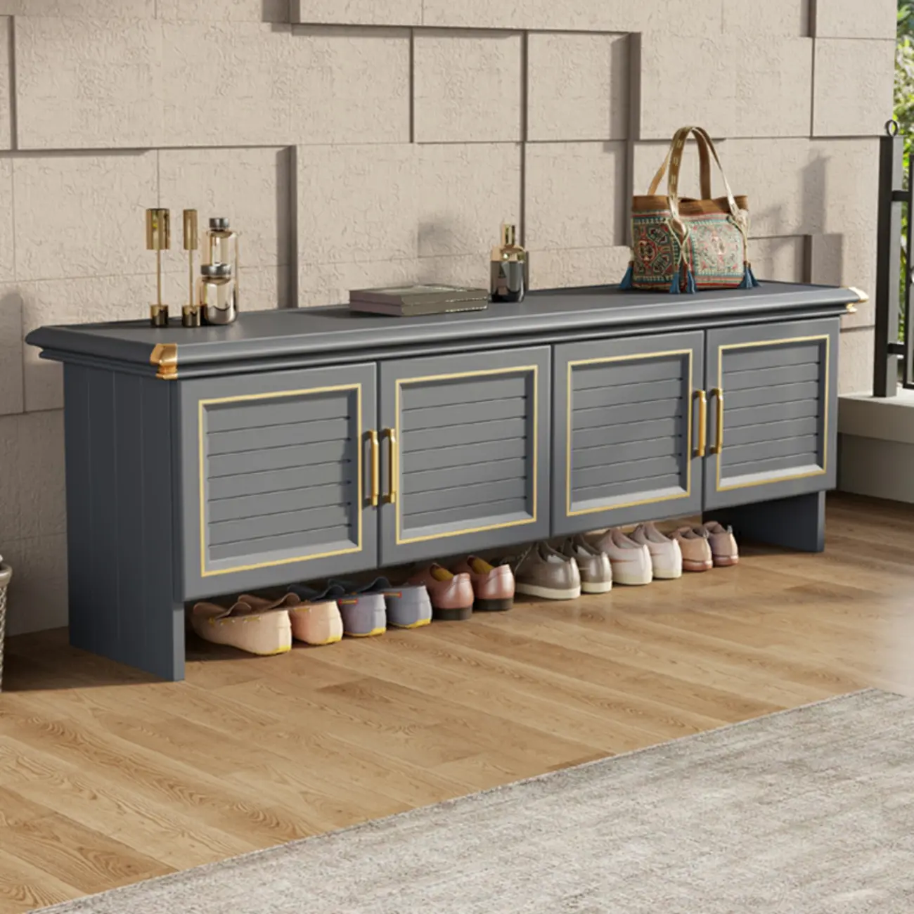 Rustic Grey Metal Shoe Storage Bench for Entryway Image - 9 | homeyfad