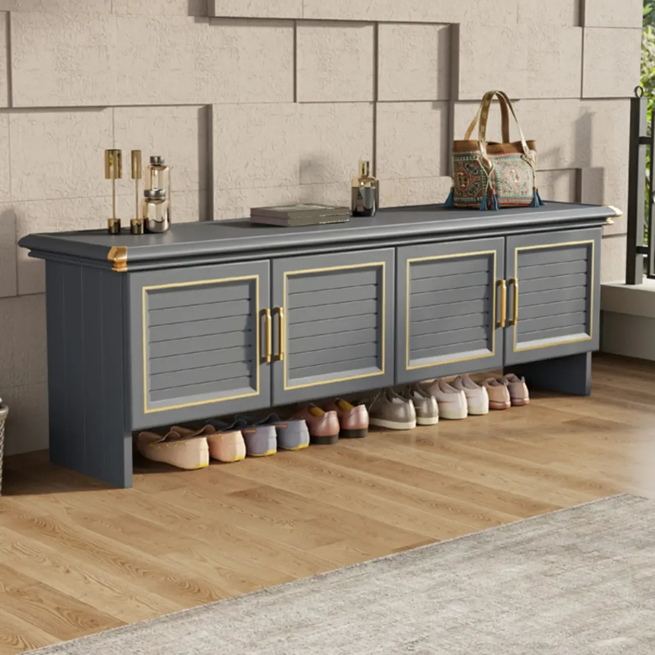 Rustic Grey Metal Shoe Storage Bench for Entryway Image - 9