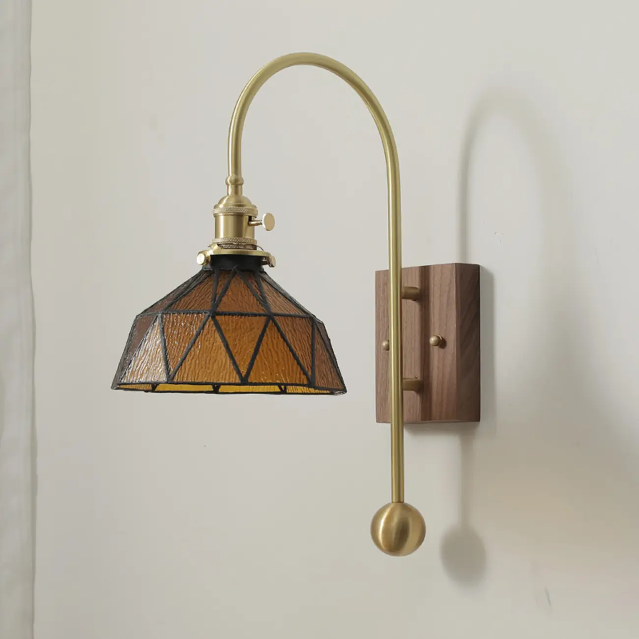 Vintage Geometric Glass Wall Light with Walnut Mount Image - 4 | homeyfad