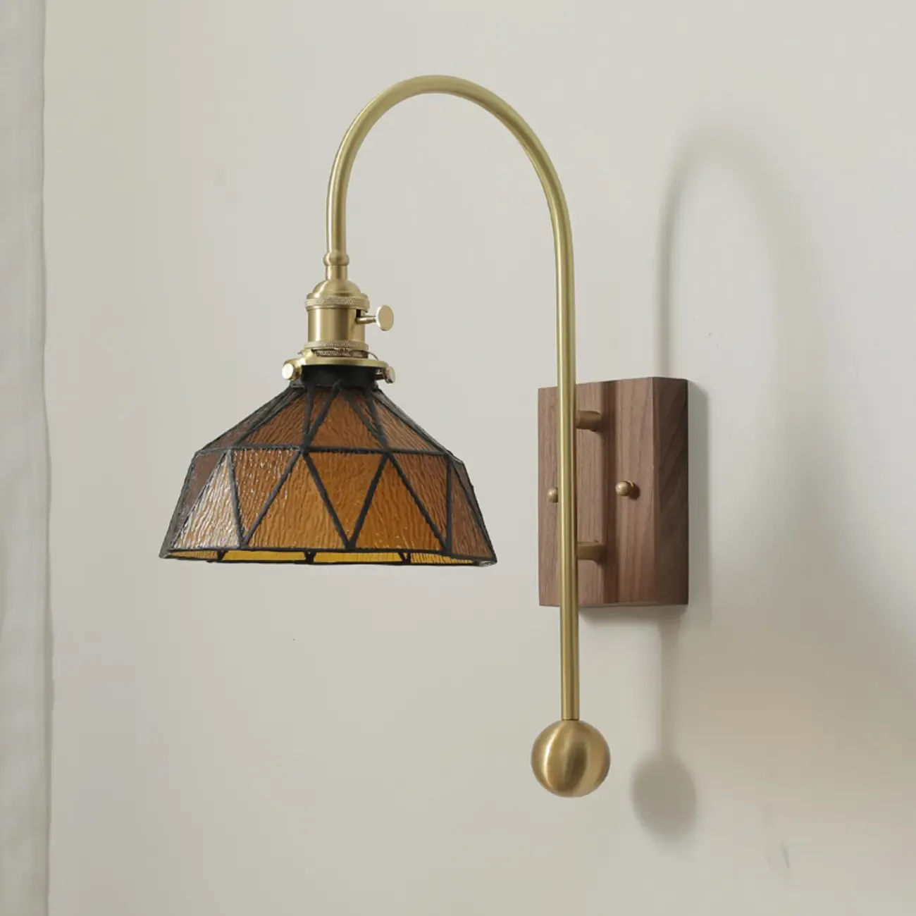 Vintage Geometric Glass Wall Light with Walnut Mount Image - 4