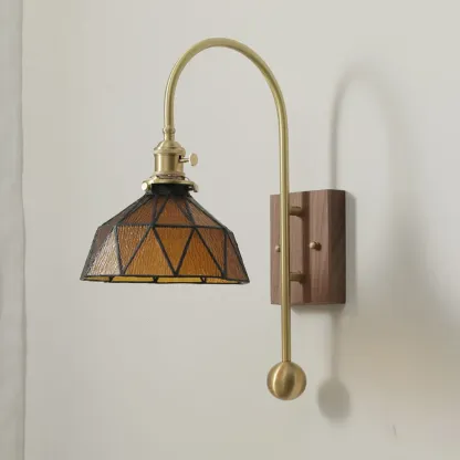 Vintage Geometric Glass Wall Light with Walnut Mount Image - 4