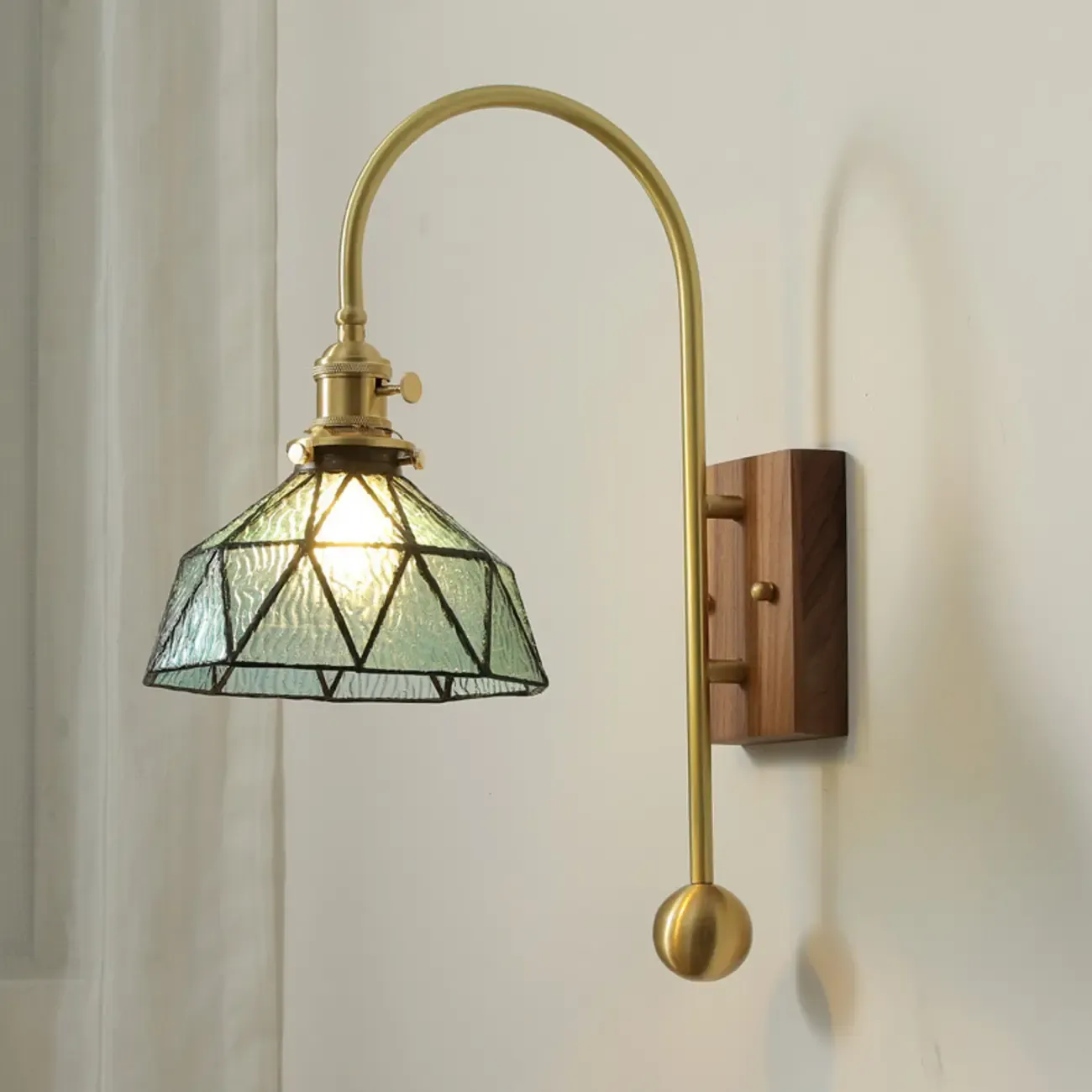 Vintage Geometric Glass Wall Light with Walnut Mount Image - 2