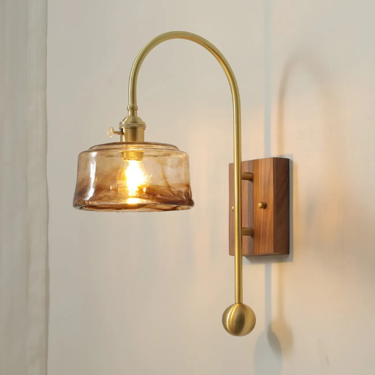 Vintage Geometric Glass Wall Light with Walnut Mount Image - 3