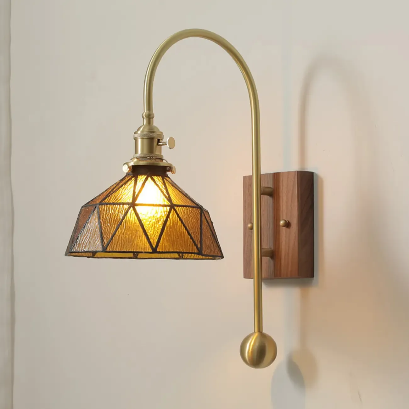 Vintage Geometric Glass Wall Light with Walnut Mount Image - 1