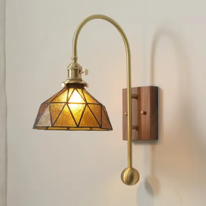 Vintage Geometric Glass Wall Light with Walnut Mount Image - 1