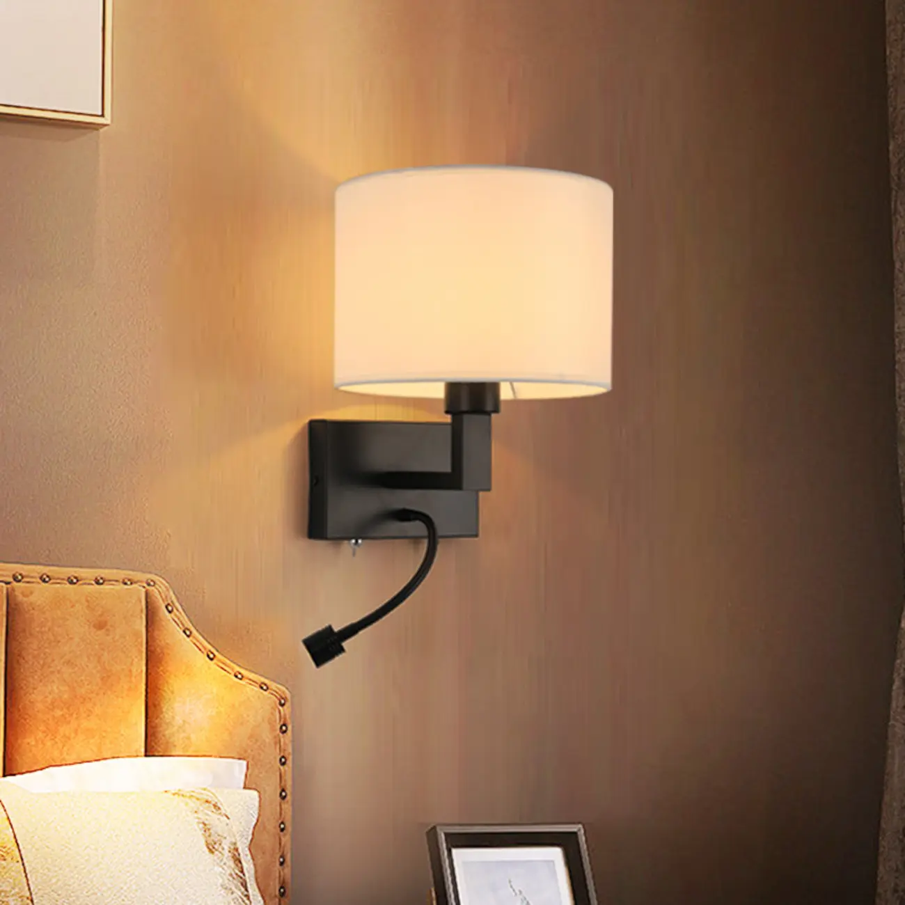 Modern Alloy Wall Sconce with Fabric Shade for Bedroom Image - 3 | homeyfad