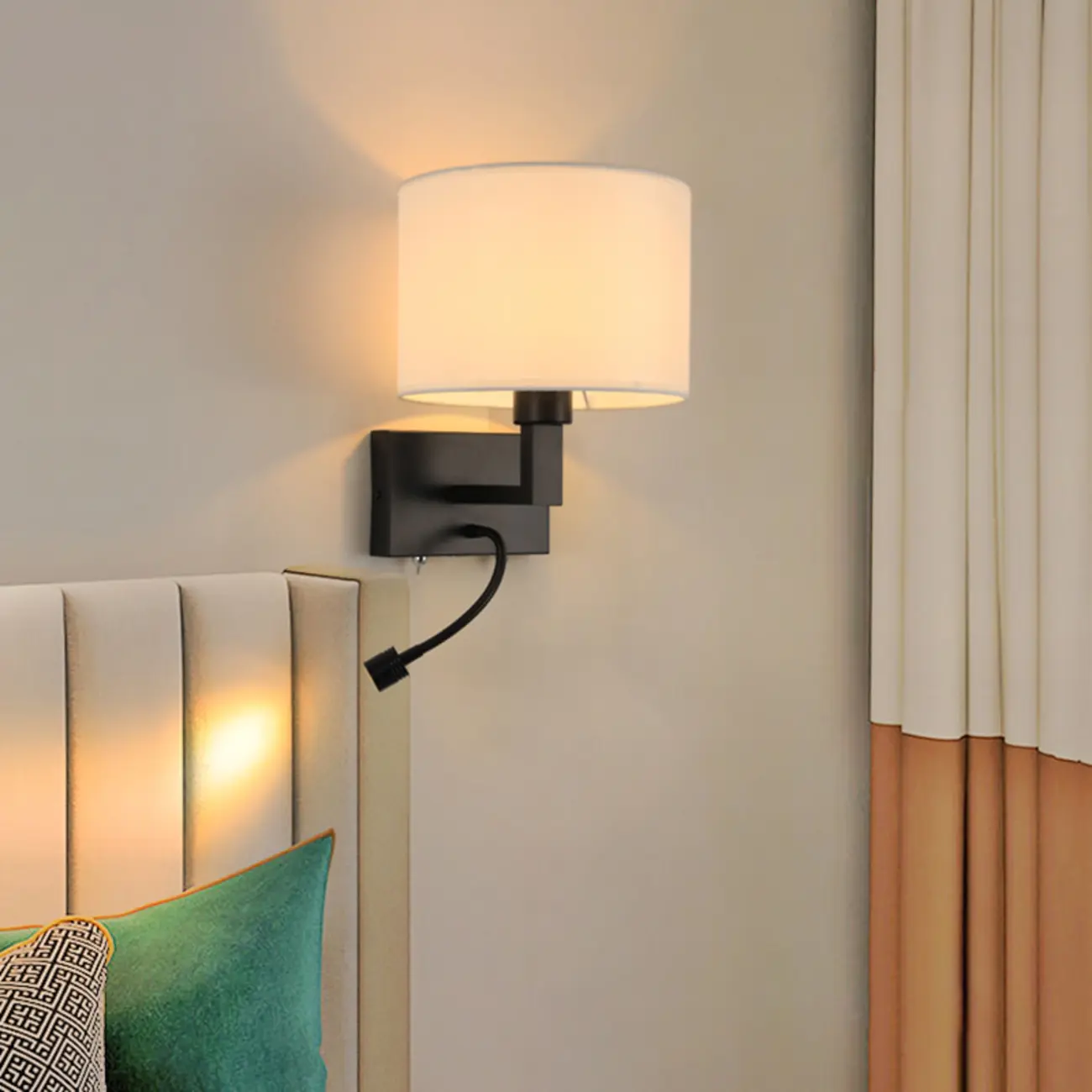 Modern Alloy Wall Sconce with Fabric Shade for Bedroom Image - 8 | homeyfad