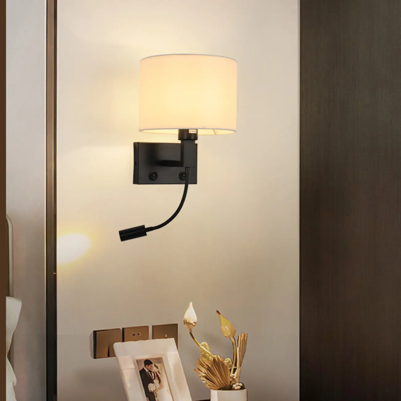 Modern Alloy Wall Sconce with Fabric Shade for Bedroom Image - 18 | homeyfad