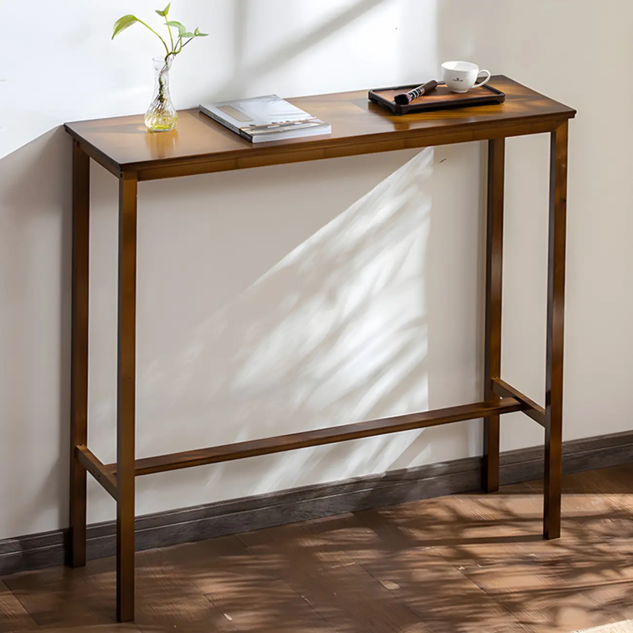 Modern Natural Finish Wooden Fixed Top Footrest Bar Tables Image - 1 | homeyfad