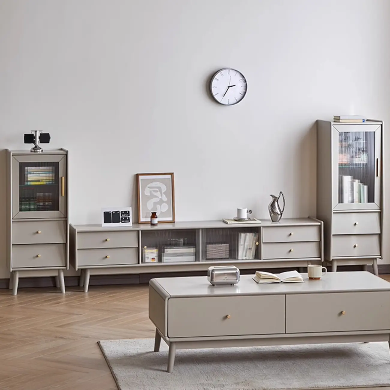 Modern Gray Pine Wooden Glass Storage Cabinet for Living Room Image - 22 | homeyfad