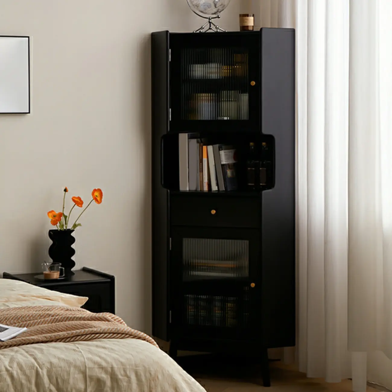 Modern Espresso Wood Glass Paned Corner Storage Cabinet Image - 3 | homeyfad