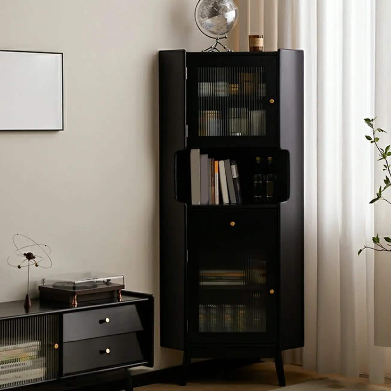 Modern Espresso Wood Glass Paned Corner Storage Cabinet Image - 5 | homeyfad
