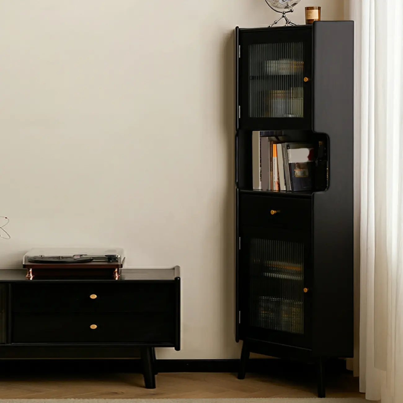 Modern Espresso Wood Glass Paned Corner Storage Cabinet Image - 6 | homeyfad