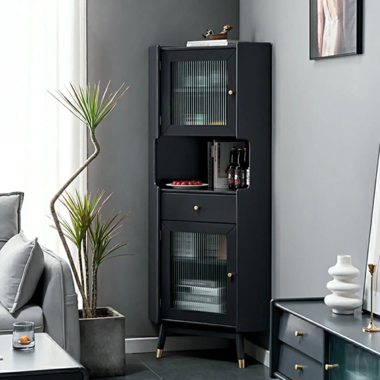 Modern Espresso Wood Glass Paned Corner Storage Cabinet Image - 17 | homeyfad