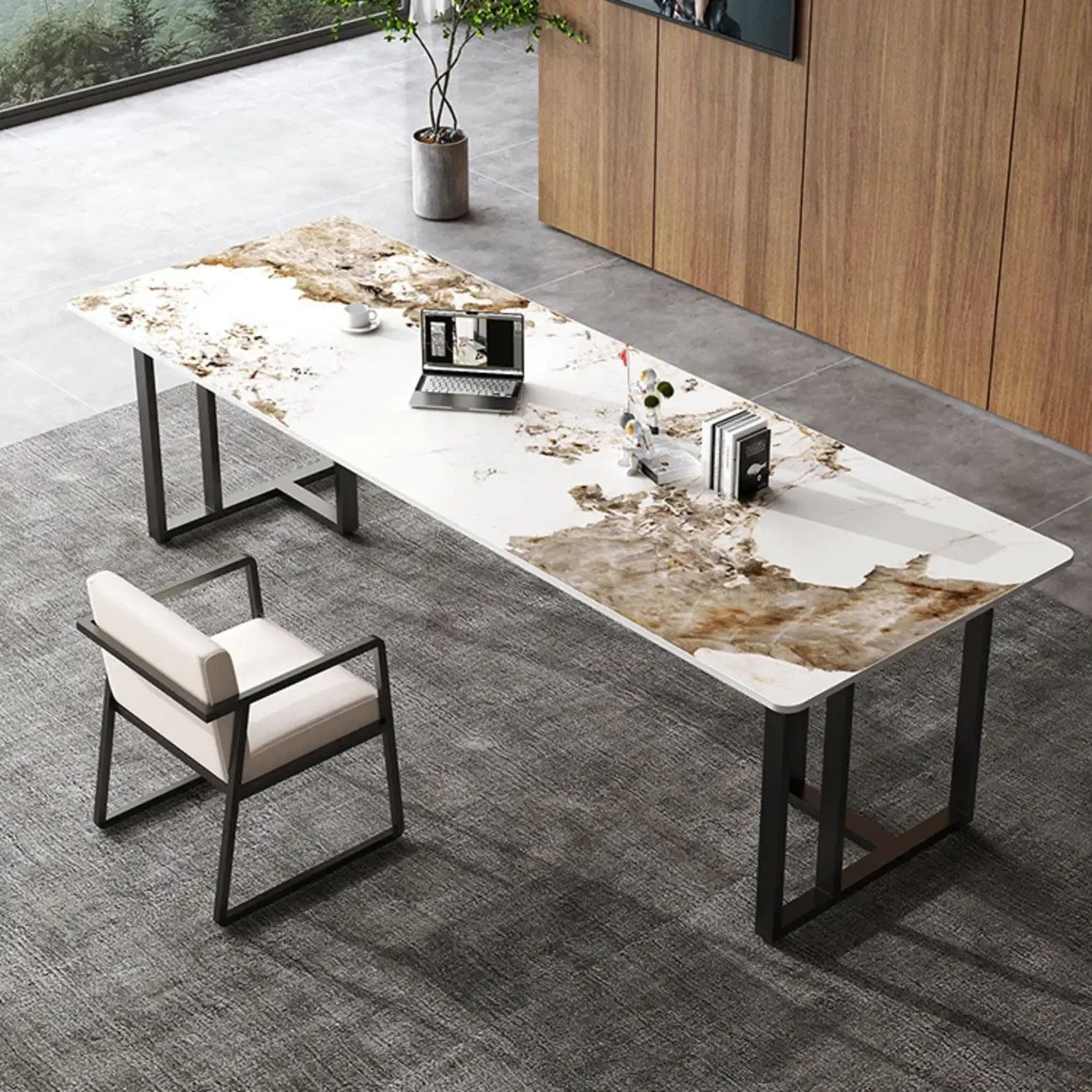 Durable Sintered Stone Writing Office Desk with Metal Base Image - 1