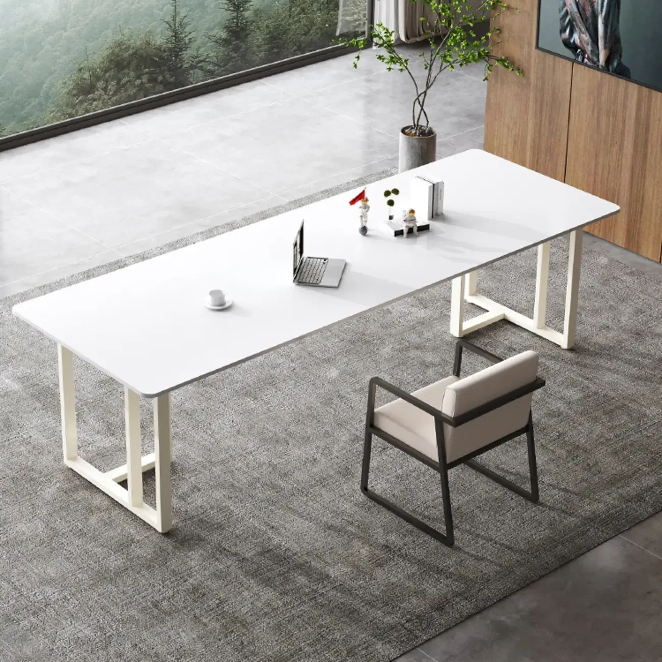 Durable Sintered Stone Writing Office Desk with Metal Base Image - 7
