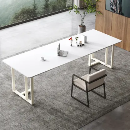 Durable Sintered Stone Writing Office Desk with Metal Base Image - 7