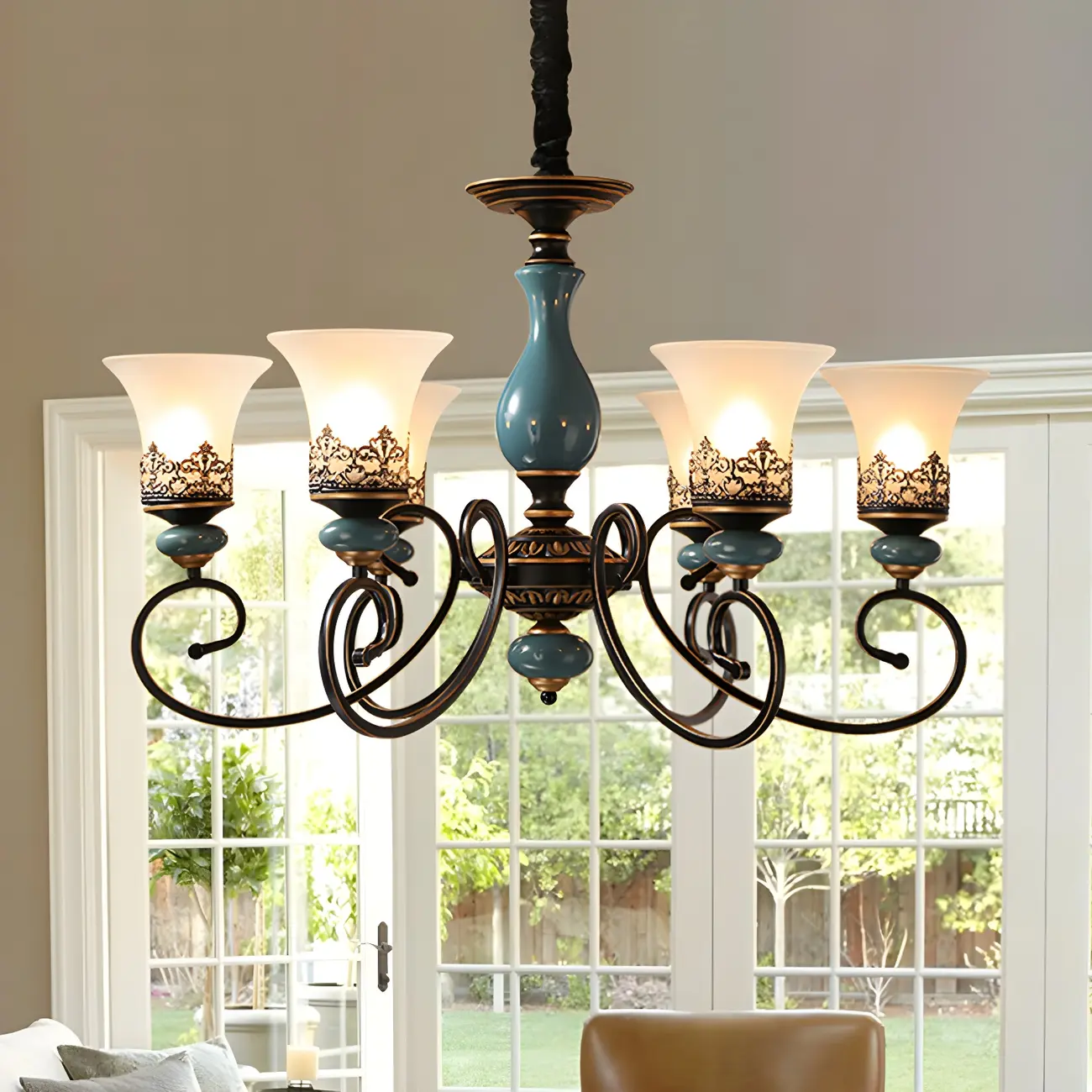 Black Metal Glass Classical Vintage Chandelier Light Image - 5 | homeyfad