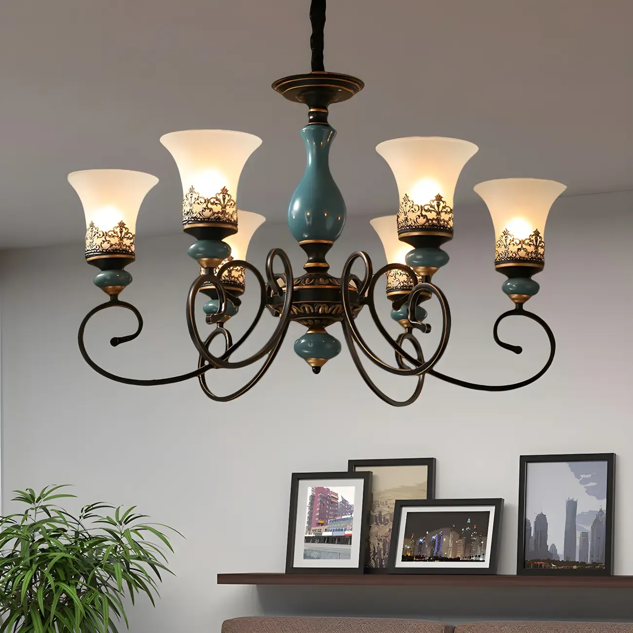 Black Metal Glass Classical Vintage Chandelier Light Image - 3