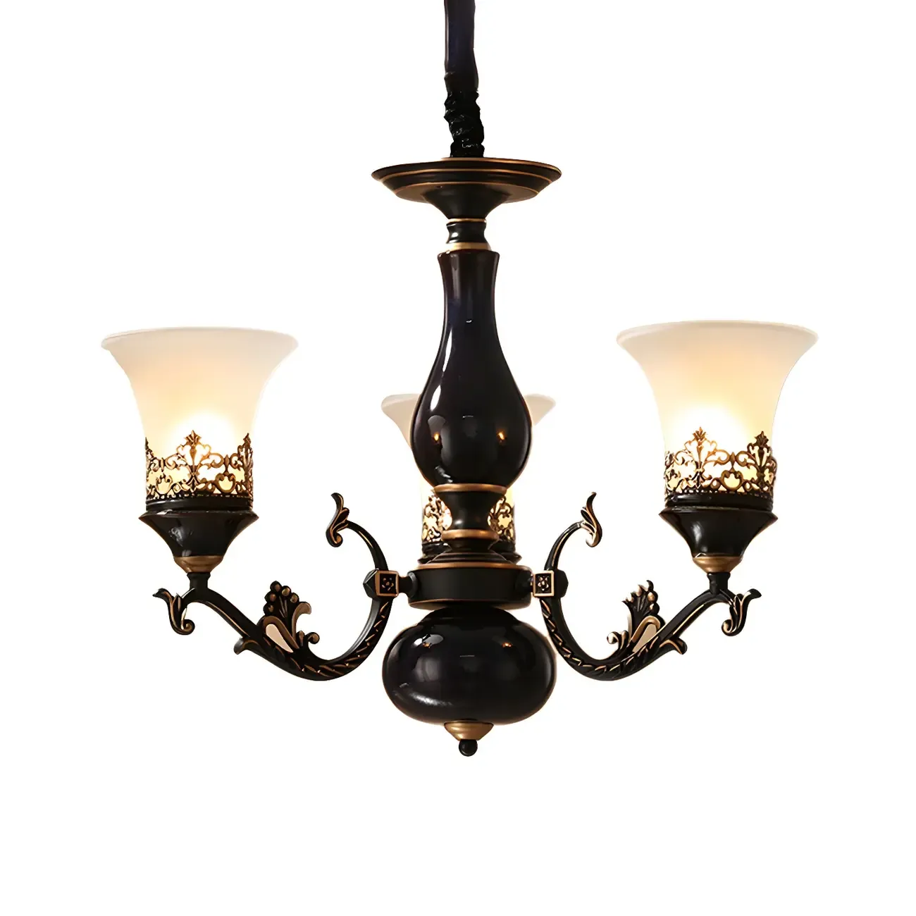 Classic Mid-Century Modern Black Frosted Glass Chandelier Image - 12
