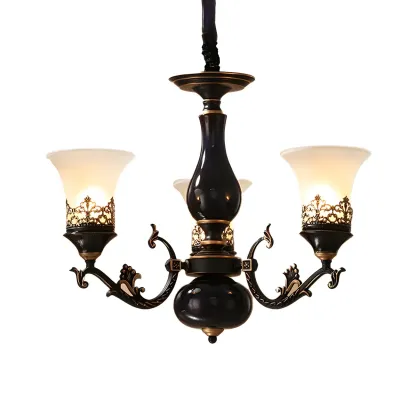 Classic Mid-Century Modern Black Frosted Glass Chandelier Image - 12