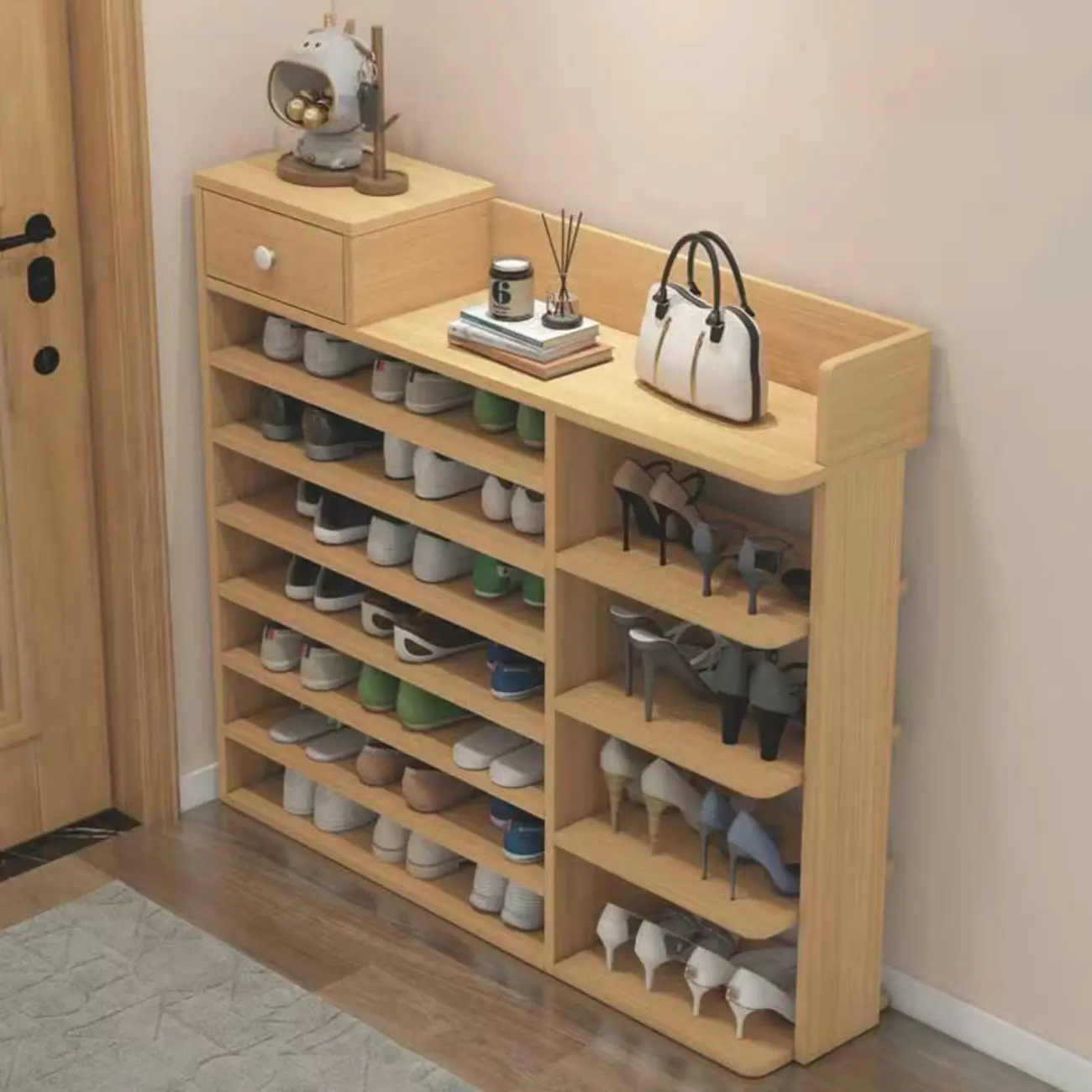 Modern Wood Entryway Open Shoe Rack with Drawer Image - 1 | homeyfad