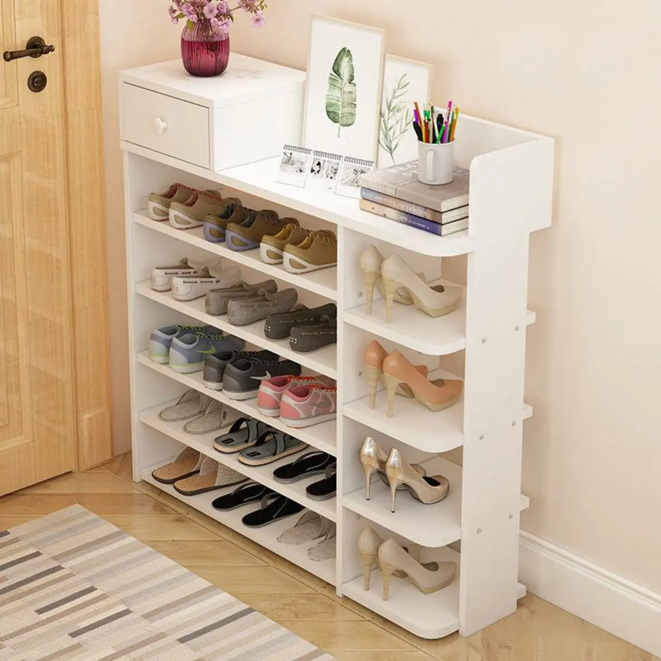 Modern Wood Entryway Open Shoe Rack with Drawer Image - 2 | homeyfad