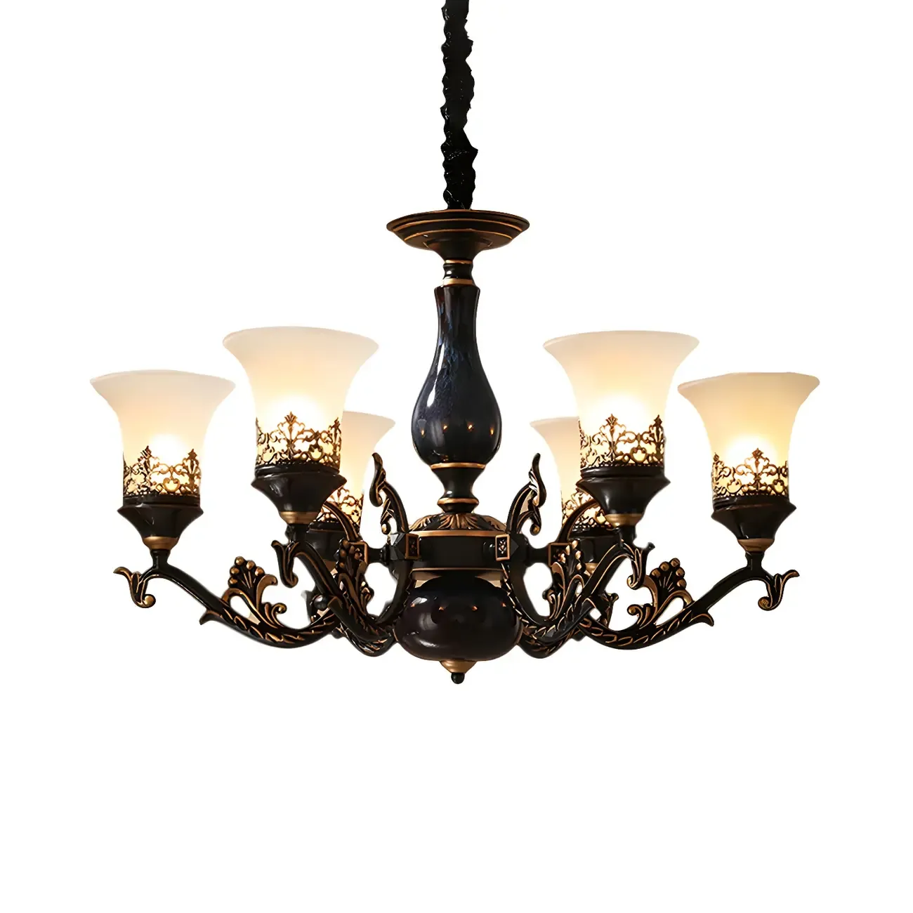 Classic Mid-Century Modern Black Frosted Glass Chandelier Image - 16
