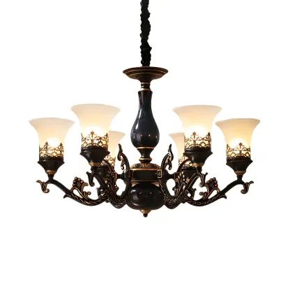 Classic Mid-Century Modern Black Frosted Glass Chandelier Image - 16