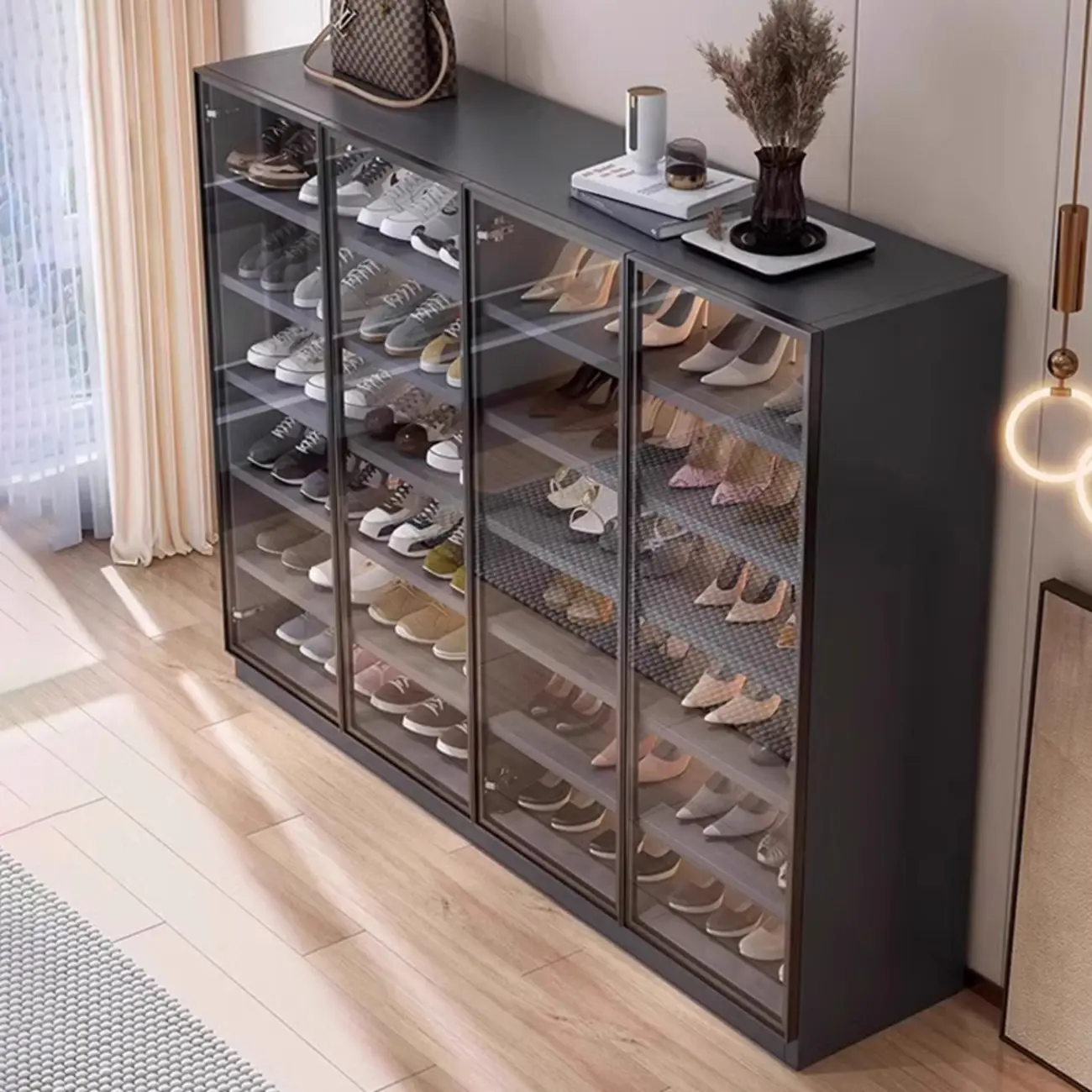 Large Grey Shoe Cabinet Storage with Adjustable Shelves Image - 4 | homeyfad
