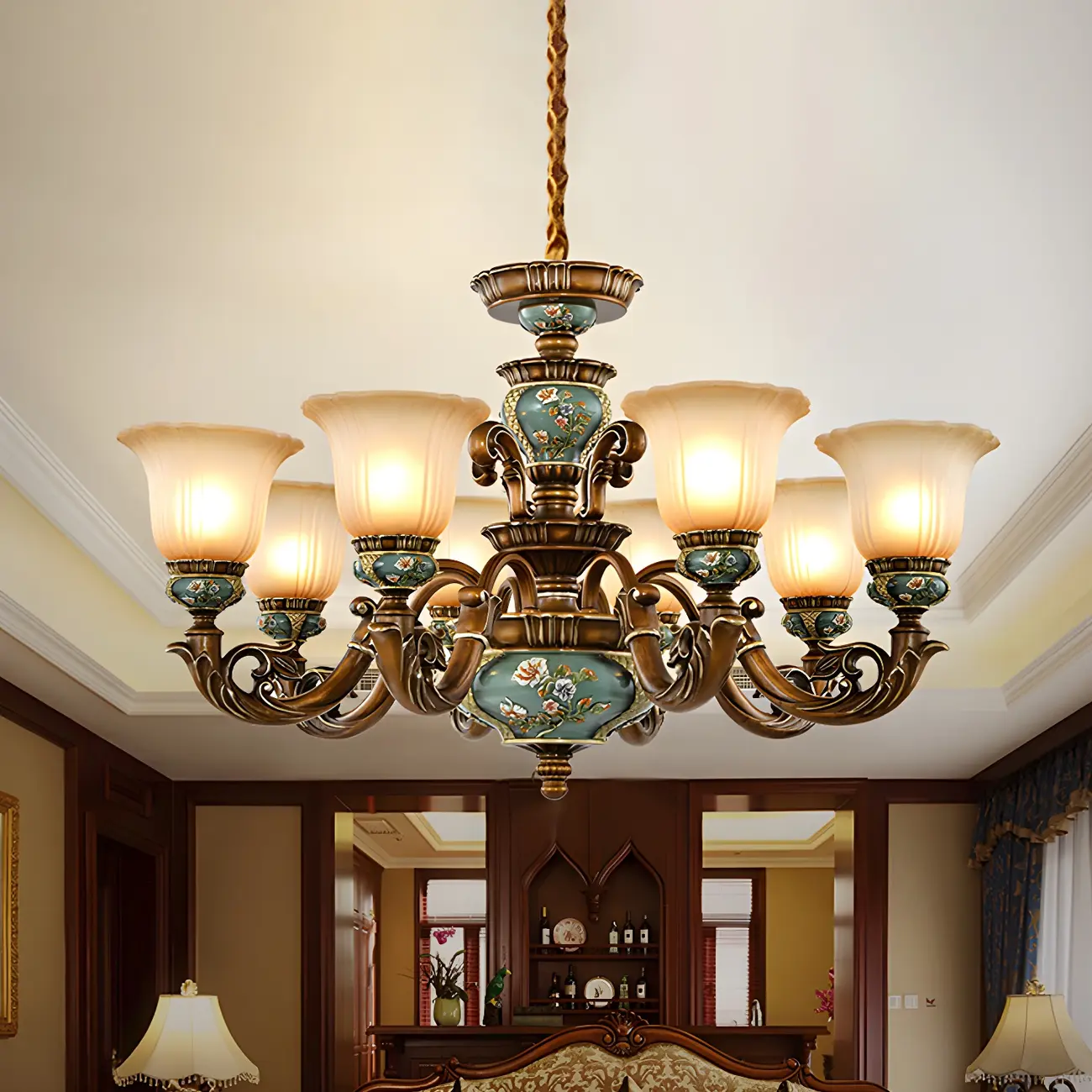 Vintage Brass Floral Glass Ceramic Chandelier Image - 1 | homeyfad