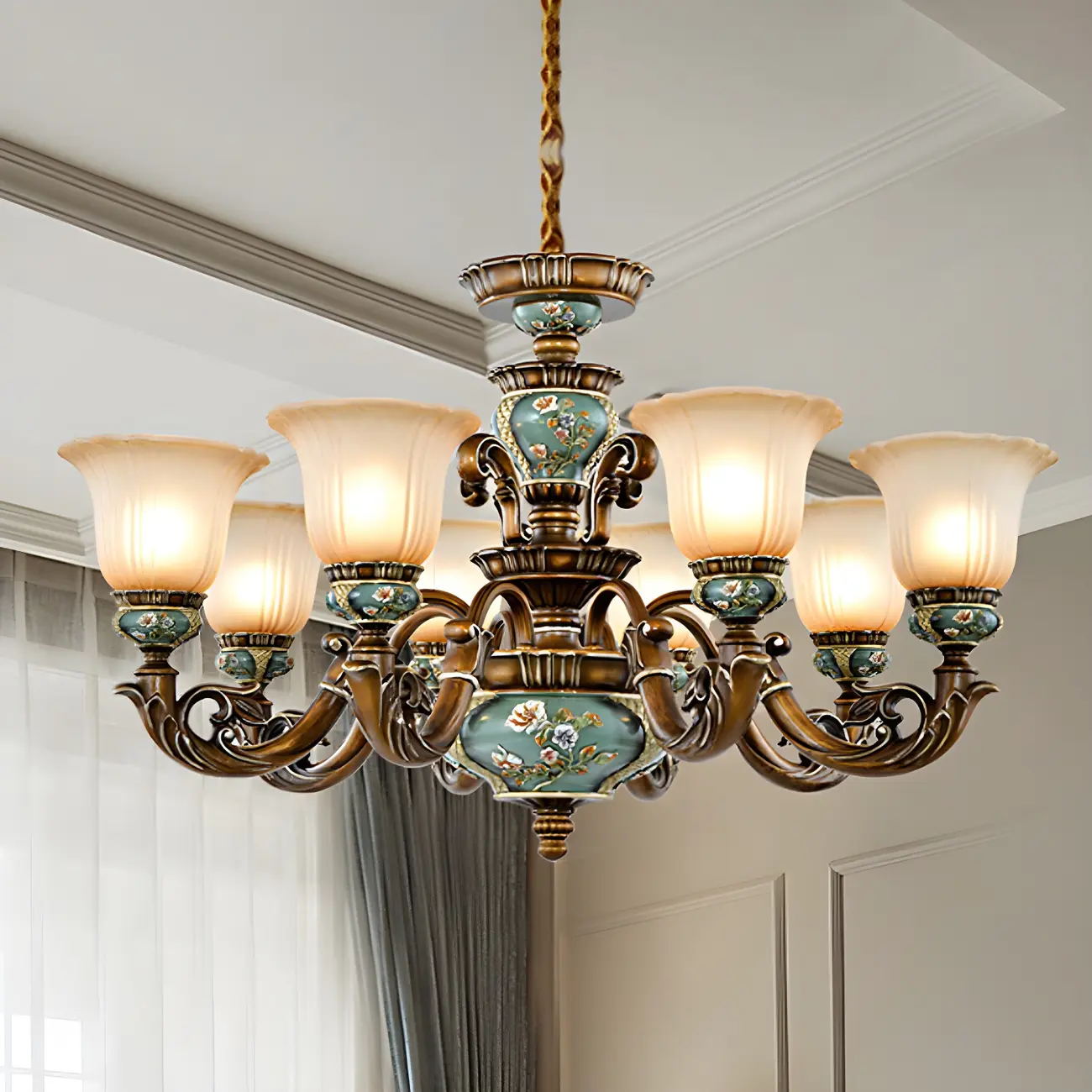 Vintage Brass Floral Glass Ceramic Chandelier Image - 2 | homeyfad