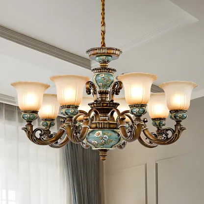 Vintage Brass Floral Glass Ceramic Chandelier Image - 2