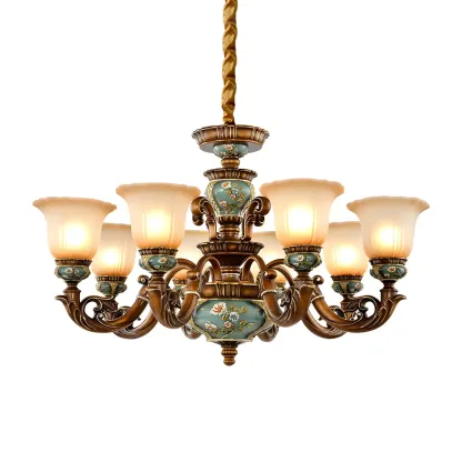 Vintage Brass Floral Glass Ceramic Chandelier Image - 3