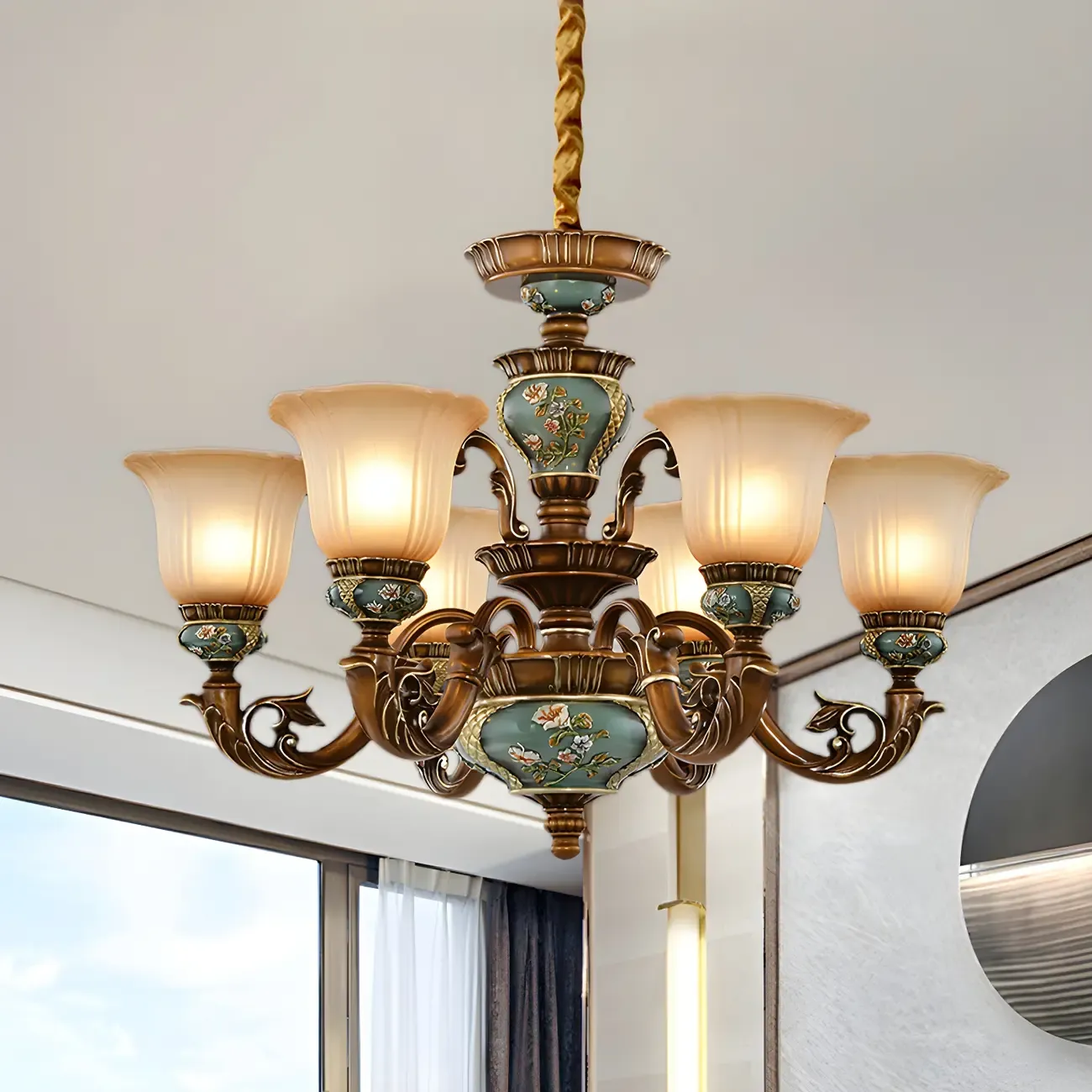 Vintage Brass Floral Glass Ceramic Chandelier Image - 6