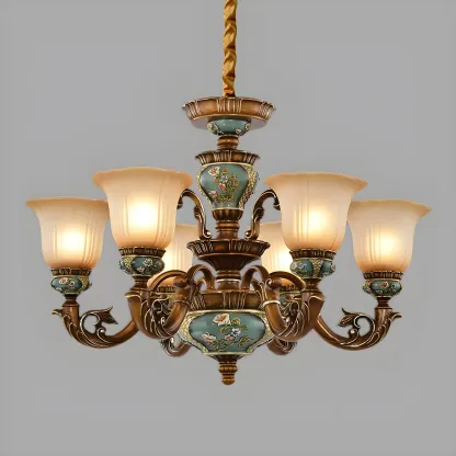 Vintage Brass Floral Glass Ceramic Chandelier Image - 8