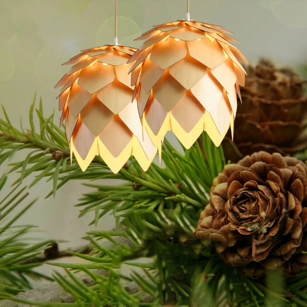 Modern Pinecone Shape Wood Pendant Light Adjustable for Dining Image - 3