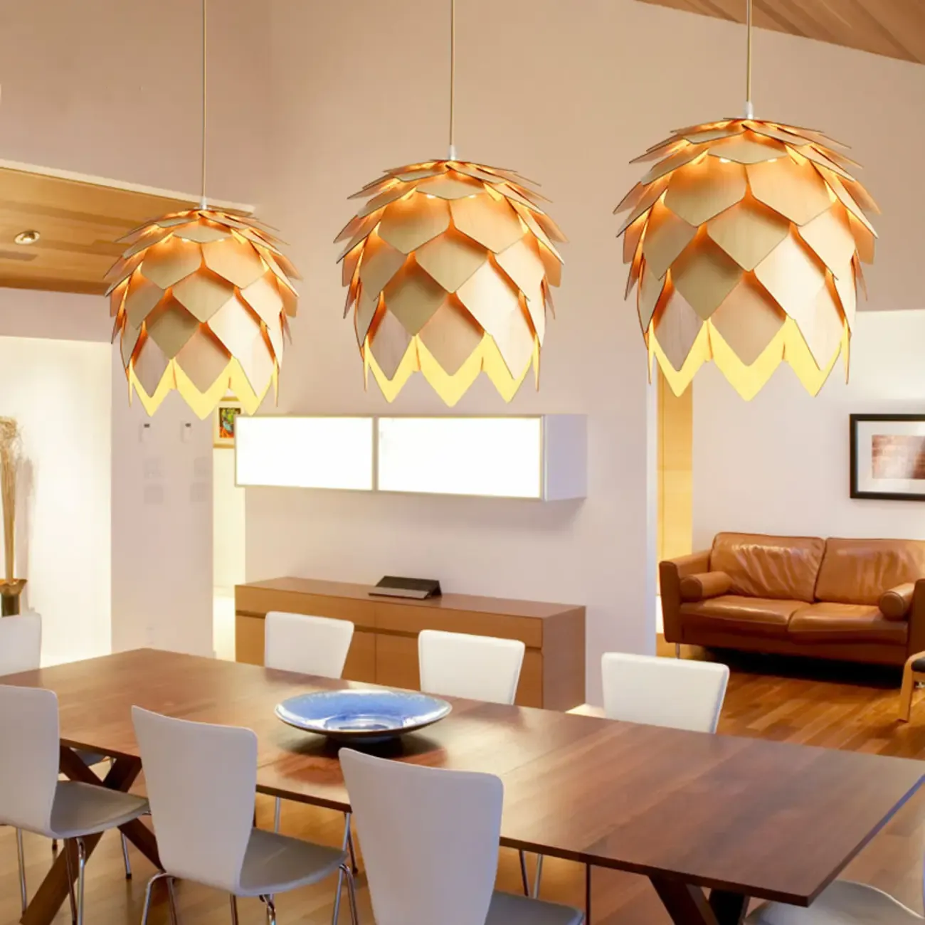 Modern Pinecone Shape Wood Pendant Light Adjustable for Dining Image - 1