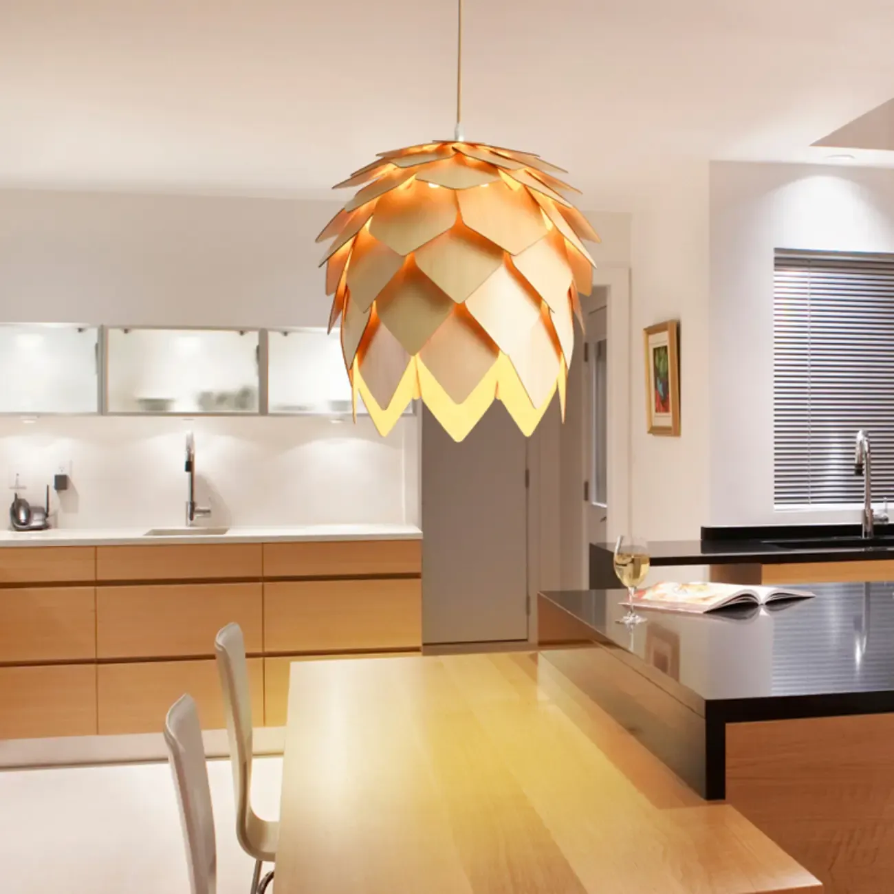 Modern Pinecone Shape Wood Pendant Light Adjustable for Dining Image - 2