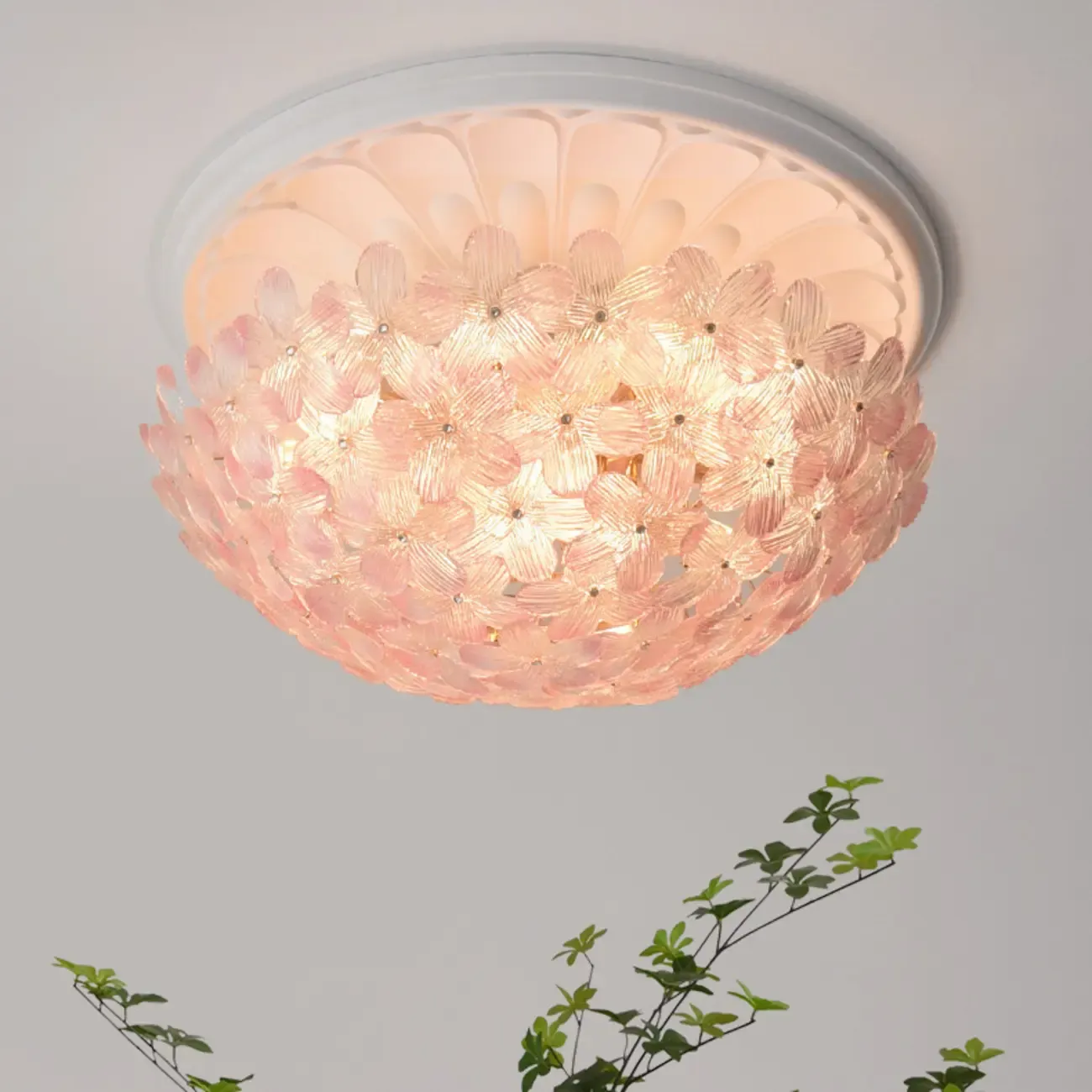 Elegant Floral Glass Dome Semi Flush Ceiling Light Image - 3