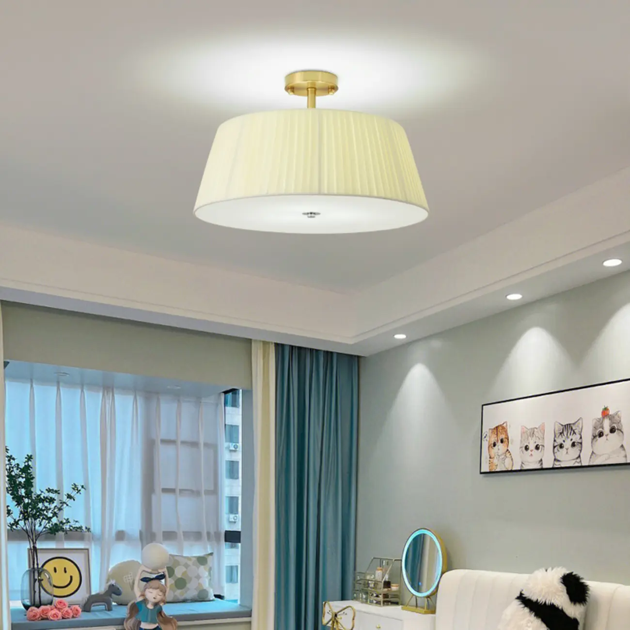 Geometric Fabric Semi Flush LED Ceiling Light for Bedroom Image - 1 | homeyfad