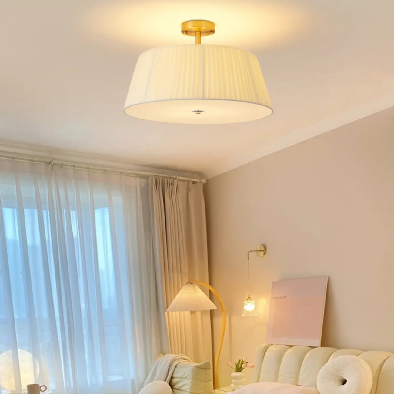 Geometric Fabric Semi Flush LED Ceiling Light for Bedroom Image - 5 | homeyfad
