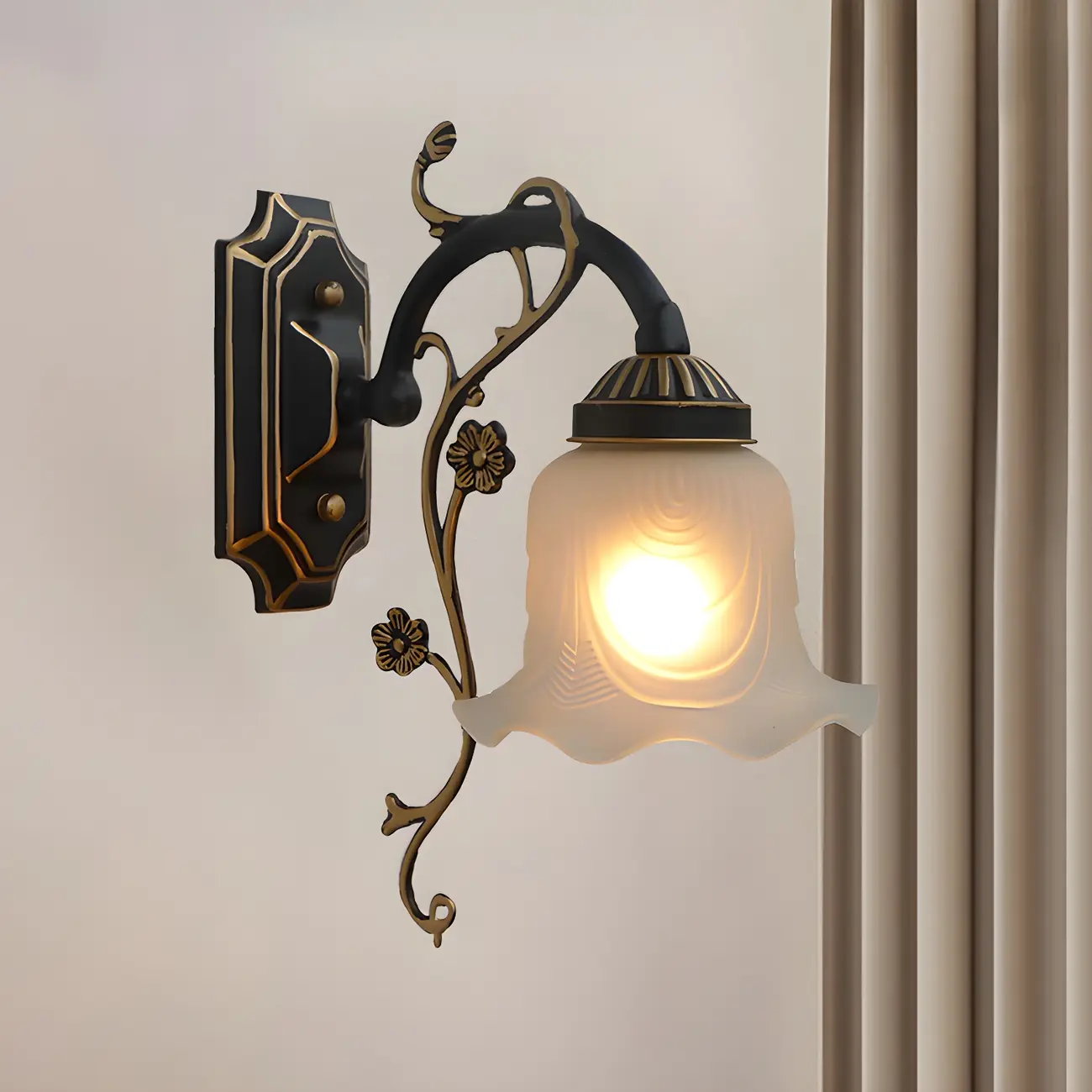 Simple Retro Floral Black-Gold Glass LED Wall Sconce | homeyfad