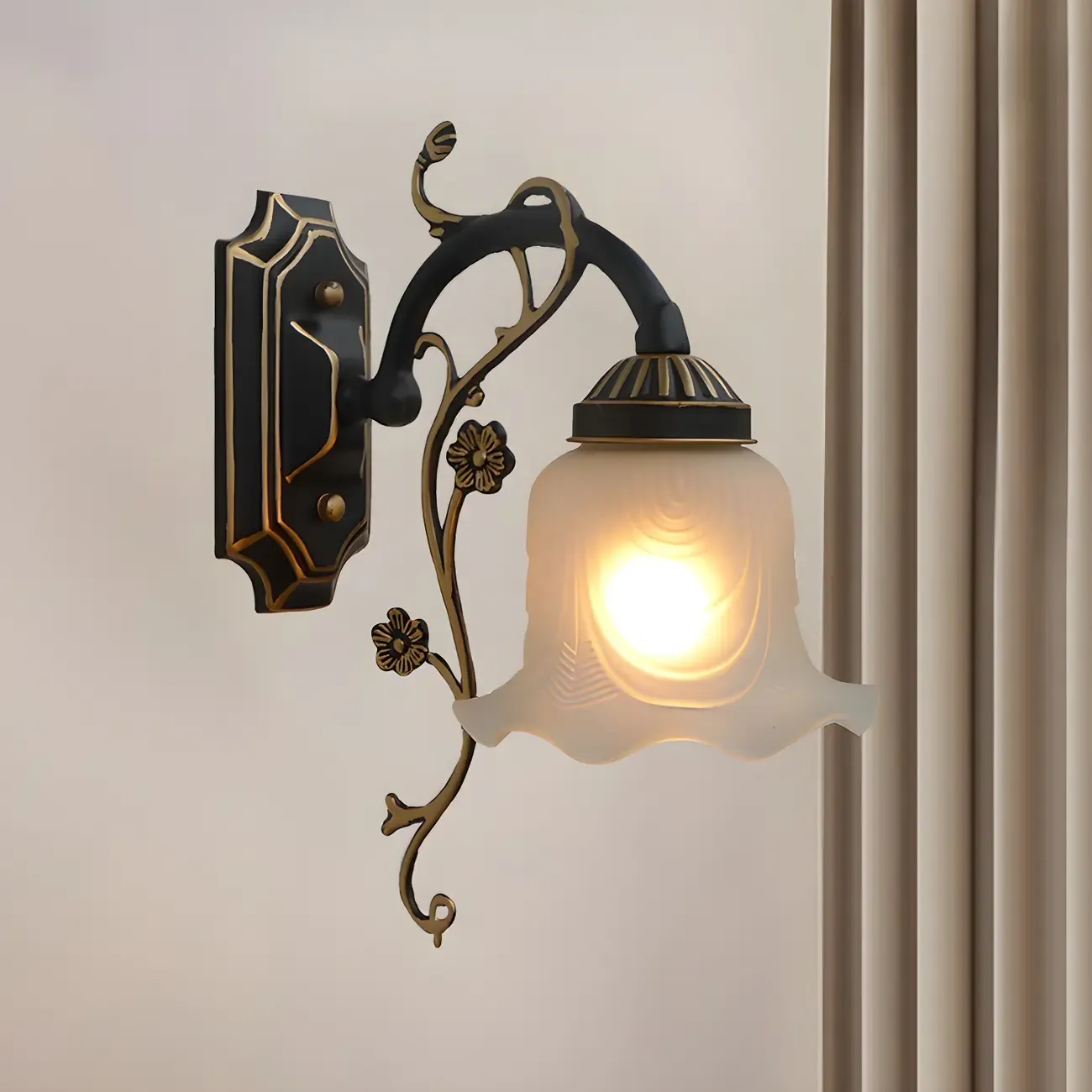Simple Retro Floral Black-Gold Glass LED Wall Sconce | HomeyFad