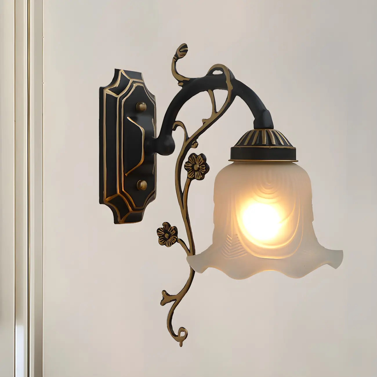 Simple Retro Floral Black-Gold Glass LED Wall Sconce | homeyfad