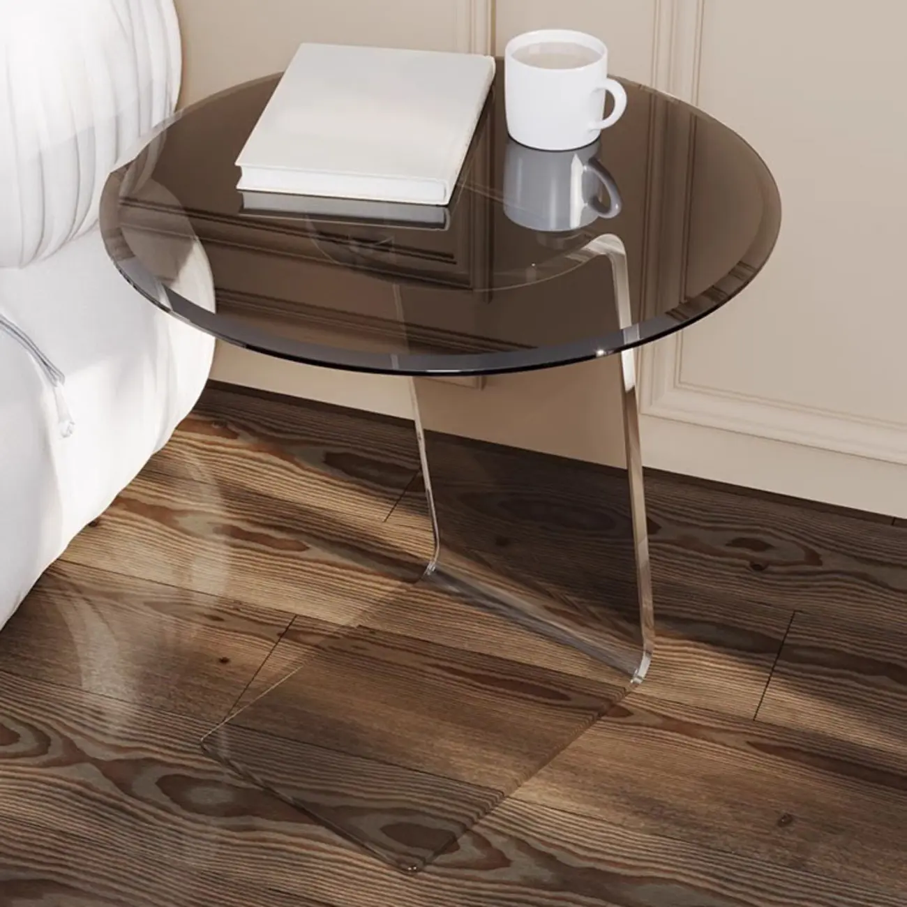 Classic Glass Round End Table with Acrylic Base for Living Room Image - 2 | homeyfad