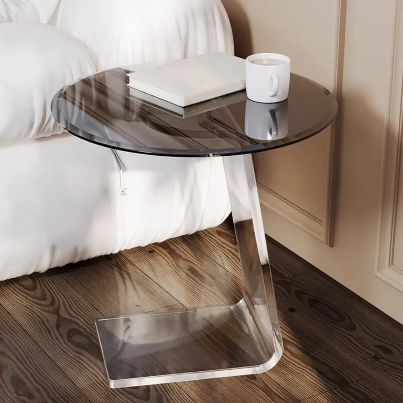 Classic Glass Round End Table with Acrylic Base for Living Room Image - 3 | homeyfad