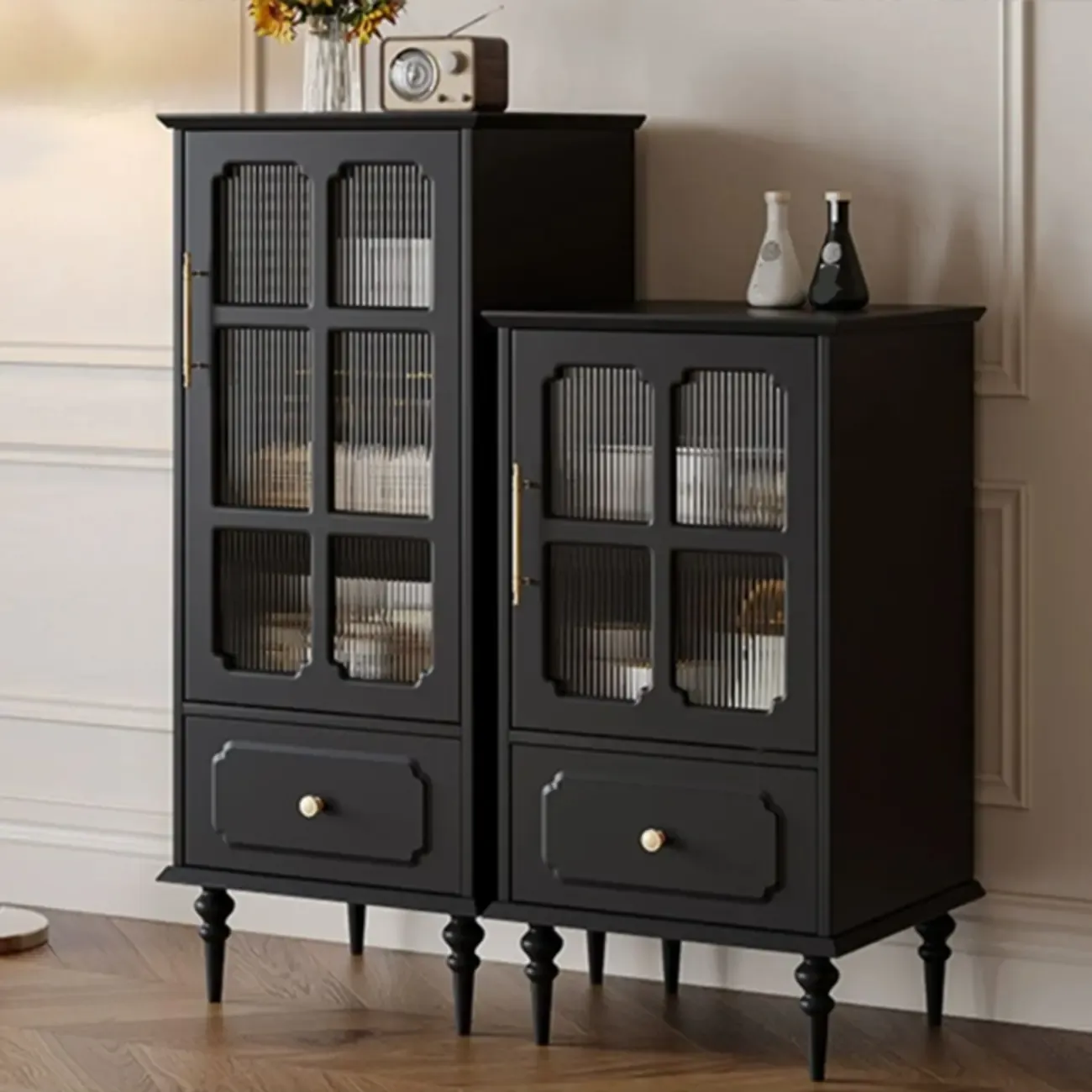 Classic Black Wooden Ribbed Glass Pane Storage Cabinet Image - 2